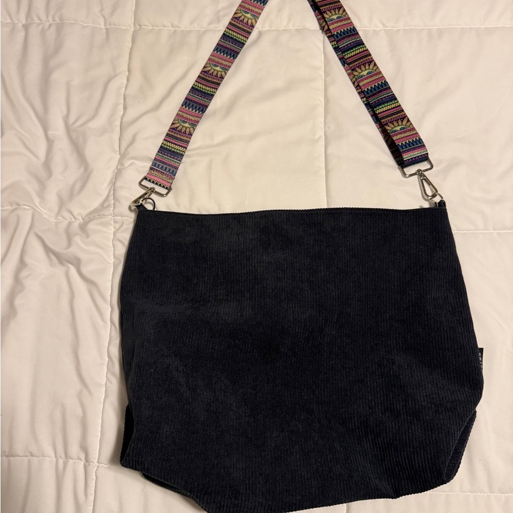 Elegant Blue Corduroy Shoulder Bag with Colorful Strap